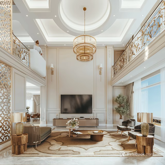 Luxury Duplex Living Room Interior Design With Chandelier And Furniture 3d model 