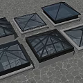 Modern Glass Skylights with Various Architectural Designs on Hexagonal Textured Ground Surface 3d model
