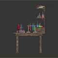 Wooden Table with Shelves Displaying Lab Equipment Colorful Liquids Beakers and Test Tubes
