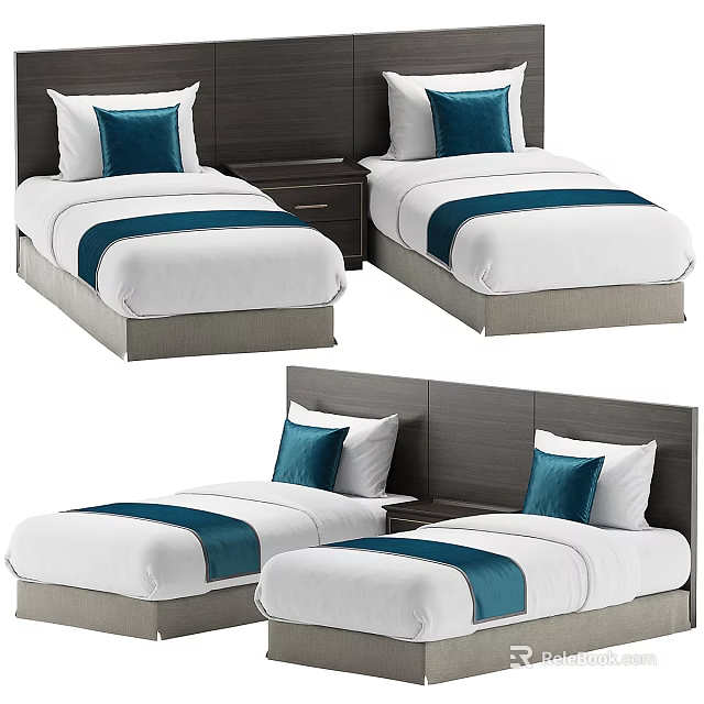 Twin Beds Interior With White Sheets Blue Accent Stripes Throw Pillows Dark Headboards And Nightstand 3d model 