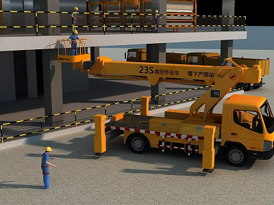 Yellow Aerial Work Truck with Ground Worker and Aerial Platform Operation 3d model