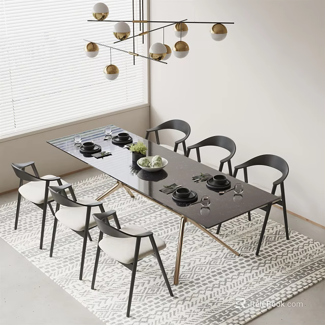 Modern Dining Table Set With Black Tabletop And Black Frame White Cushion Chairs 3d model