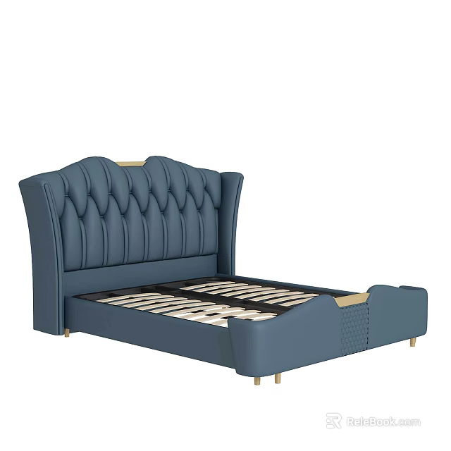 Modern Blue Double Bed With Diamond Tufted Upholstered Headboard And Gold Accents 3d model 