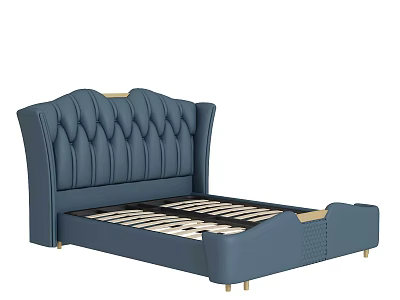 Modern Blue Double Bed With Diamond Tufted Upholstered Headboard And Gold Accents 3d model