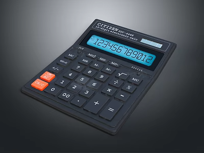 Black Electronic Calculator With Orange Function Buttons Digital Display Showing Numbers 3d model