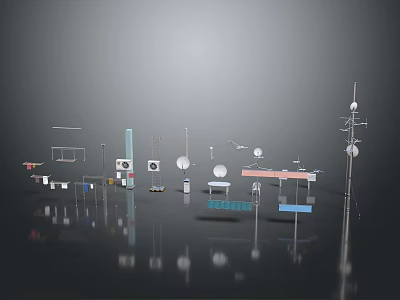 Modern Industrial Metal Components Featuring Various Shapes Structural Supports And Antenna Designs 3d model