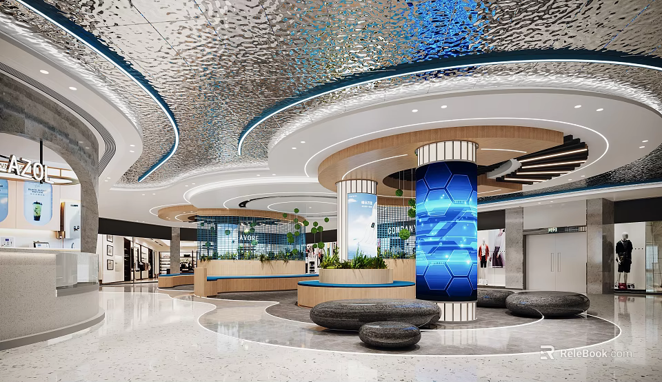 Modern Shopping Mall Interior With Silver Blue Curved Ceiling Blue Pillars Reception Desk Stone Seats 3d model 