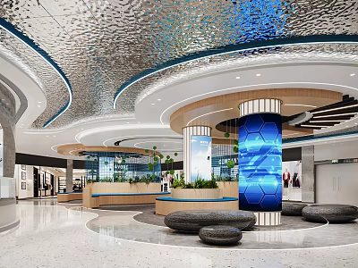 Modern Shopping Mall Interior With Silver Blue Curved Ceiling Blue Pillars Reception Desk Stone Seats 3d model