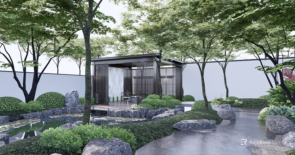 Serene Courtyard Garden With Trees Pavilion Stones Green Bushes And Pathway 3d model 