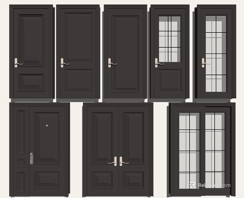 Black Hinged Doors With Various Designs Including Glass Panels And Single Double Styles 3d model
