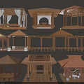 Traditional Chinese wooden architectural pavilions and corridors with various roof designs