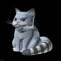 Light blue cat with purple eyes and blue white striped tail sitting on reflective surface