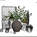 Stylish Decorative Ornament Set With Green Foliage Gray Vase Golden Silver Leaves And Candles