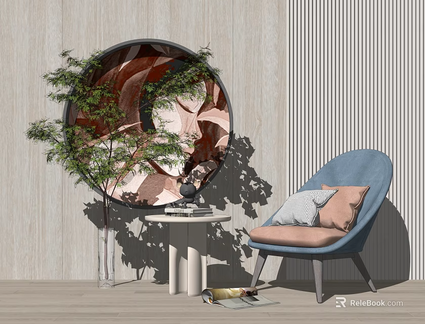 Stylish Blue Leisure Chair With Soft Pillows Round Mirror Green Plant And Light Wall Background 3d model 