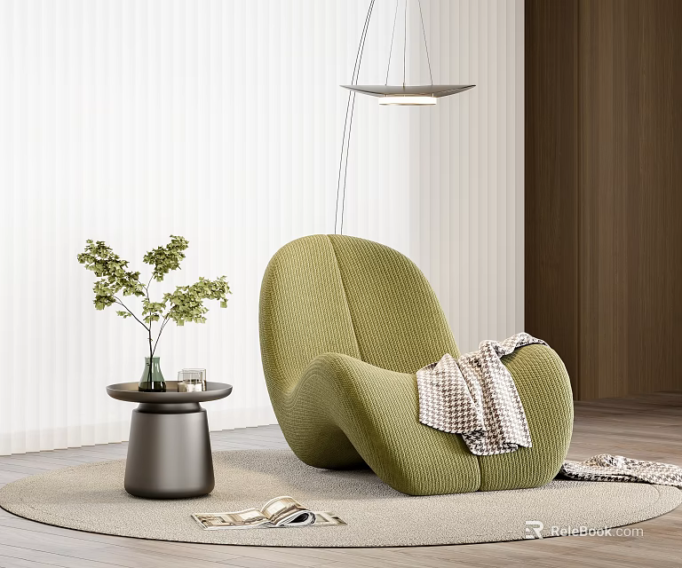 Green Lounge Chair with Quilted Texture Throw Blanket Side Table Plants and Pendant Light 3d model 