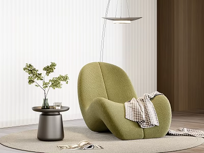 Green Lounge Chair with Quilted Texture Throw Blanket Side Table Plants and Pendant Light 3d model
