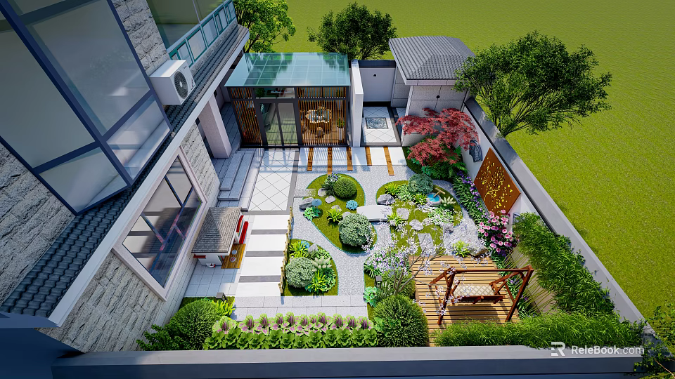 Outdoor Garden Landscape With Stone Pathway Lush Greenery Water Feature And Wooden Deck 3d model 
