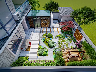 Outdoor Garden Landscape With Stone Pathway Lush Greenery Water Feature And Wooden Deck 3d model