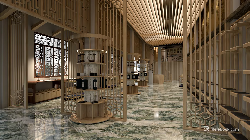 Modern Chinese Teahouse With Wooden Structures Carved Lattice Windows Marble Flooring And Circular Display Cabinets 3d model 