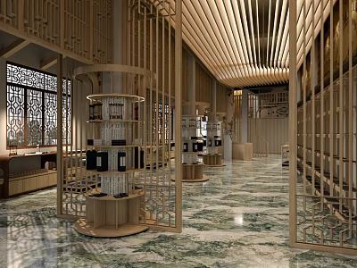 Modern Chinese Teahouse With Wooden Structures Carved Lattice Windows Marble Flooring And Circular Display Cabinets 3d model