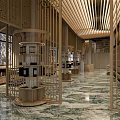 Modern Chinese Teahouse With Wooden Structures Carved Lattice Windows Marble Flooring And Circular Display Cabinets