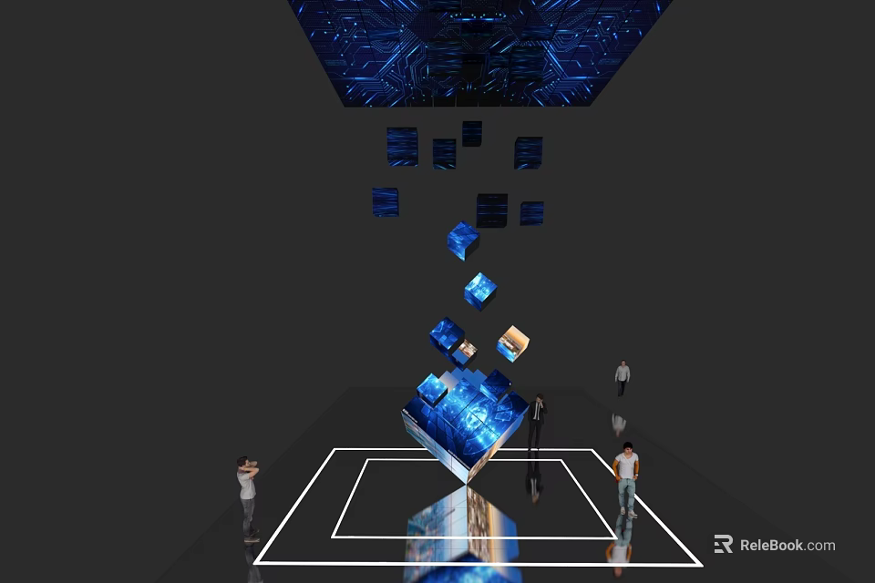 Blue Glowing Cubes Floating In Interactive Exhibition Space With People Around 3d model 