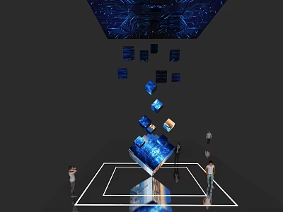 Blue Glowing Cubes Floating In Interactive Exhibition Space With People Around 3d model