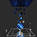 Blue Glowing Cubes Floating In Interactive Exhibition Space With People Around 3d model