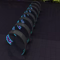 Glowing Arched Activity Passage With LED Lights And Urban Night City Skyline View