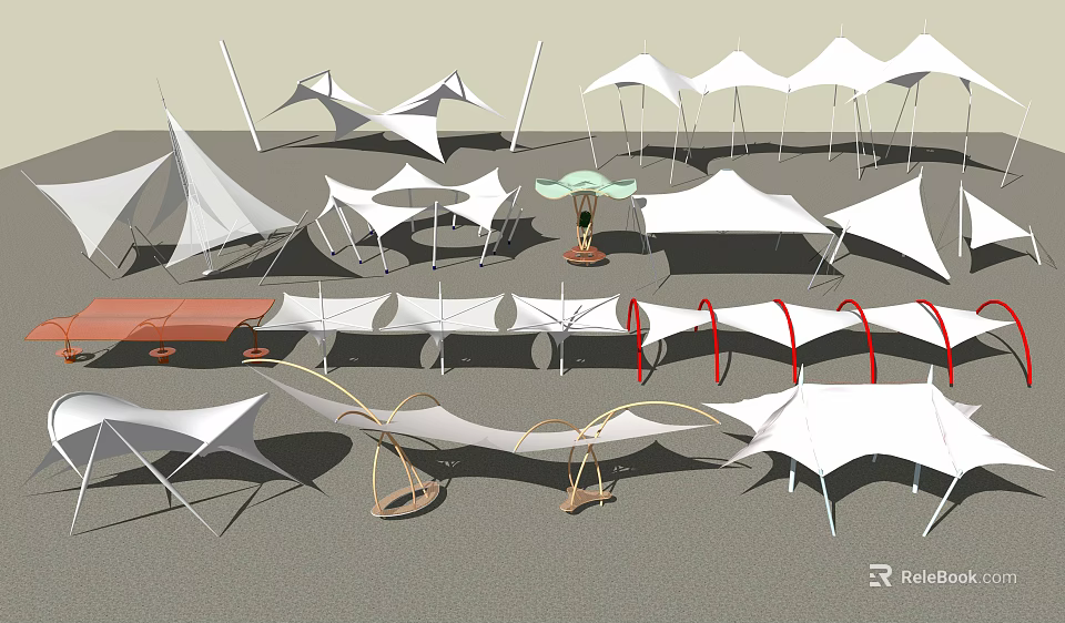 White Outdoor Tensile Membrane Canopies With Multiple Shade Structures And Support Columns 3d model
