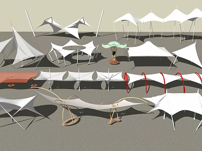 White Outdoor Tensile Membrane Canopies With Multiple Shade Structures And Support Columns 3d model