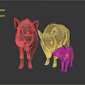 Three Wild Boars with Different Sizes and Colors Including Striped Piglet