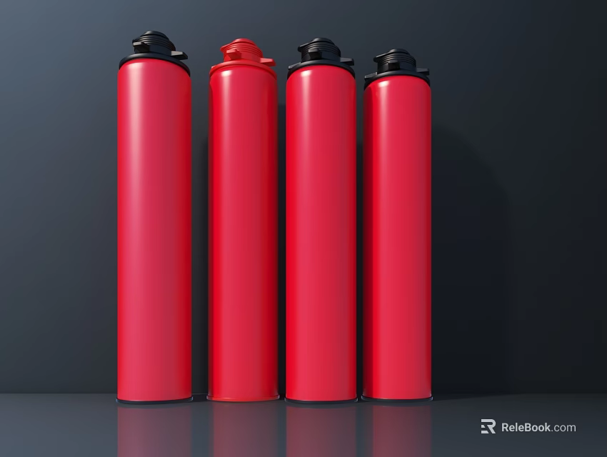 Four Red Cylindrical Industrial Safety Equipment With Black Caps Arranged In Row 3d model 