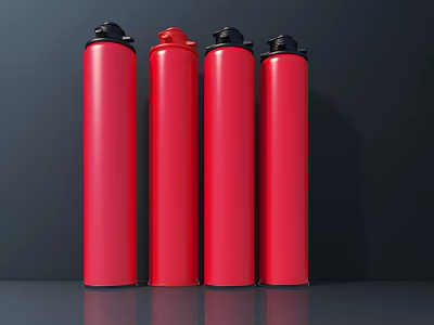 Four Red Cylindrical Industrial Safety Equipment With Black Caps Arranged In Row 3d model