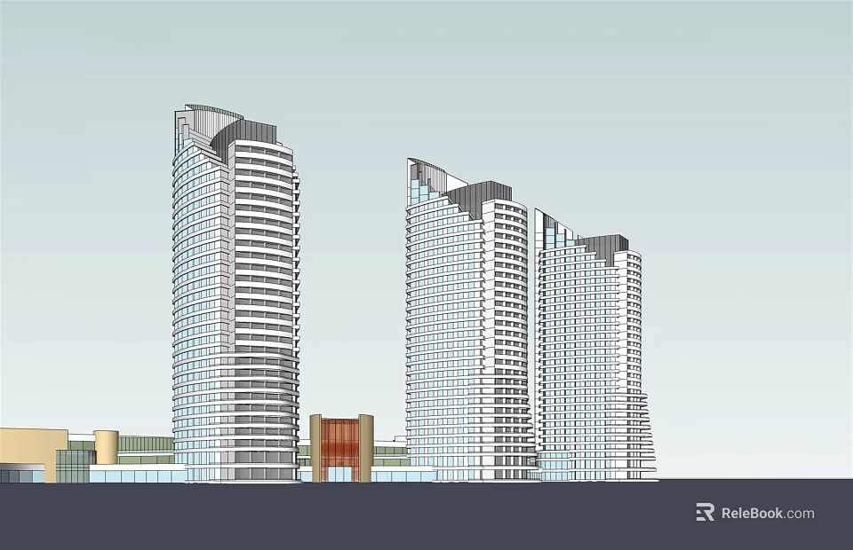 Modern Multiple Tall Office Buildings With Glass Curtain Wall Exterior Design 3d model 