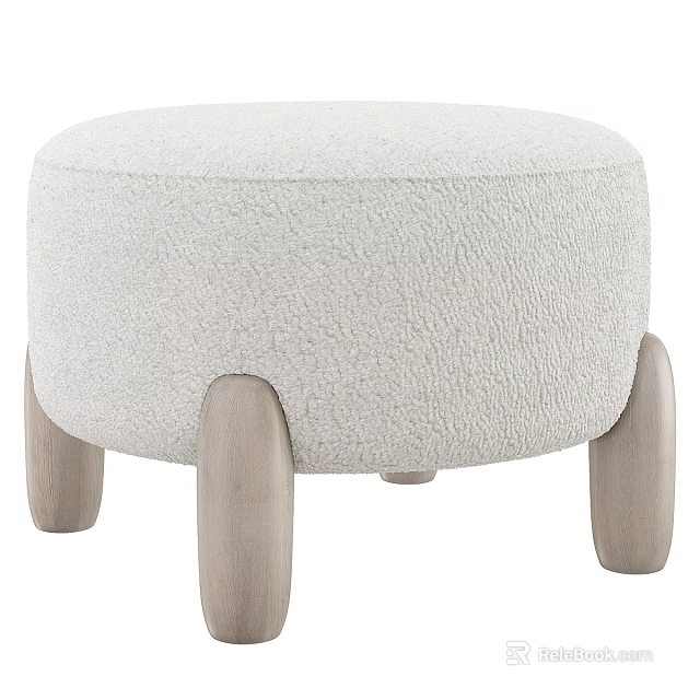 Round Light Gray Upholstered Stool With Soft Texture And Wooden Legs 3d model 