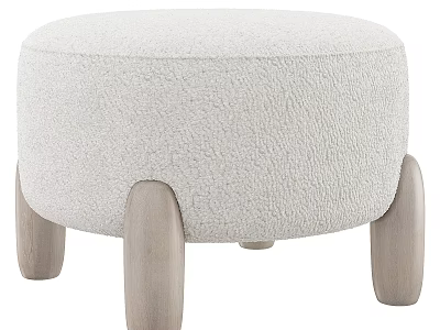 Round Light Gray Upholstered Stool With Soft Texture And Wooden Legs 3d model