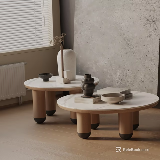 Modern Living Room Sofa and Coffee Table Set With Round Marble Top and Wooden Legs 3d model 