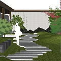 Lush Green Roof Garden with Stone Path Steps Trees and Relaxation Area