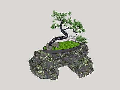 Decorative Bonsai Garden Ornament With Curved Pine Tree And Mossy Rock Base 3d model