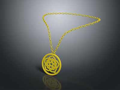 Gold Necklace Featuring Delicate Chain And Circular Pendant With Floral Pattern 3d model