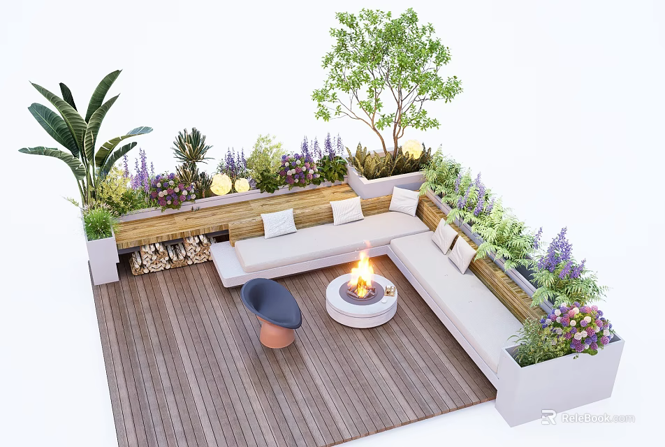 Outdoor Landscape Seating with Wooden Deck Surrounding Green Plants and Fire Pit 3d model 