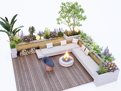 Outdoor Landscape Seating with Wooden Deck Surrounding Green Plants and Fire Pit 3d model