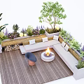 Outdoor Landscape Seating with Wooden Deck Surrounding Green Plants and Fire Pit