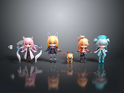 Cute Anime Style Character Figurines With Cat Ears Colored Hair And Small Dog 3d model