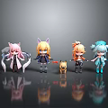 Cute Anime Style Character Figurines With Cat Ears Colored Hair And Small Dog