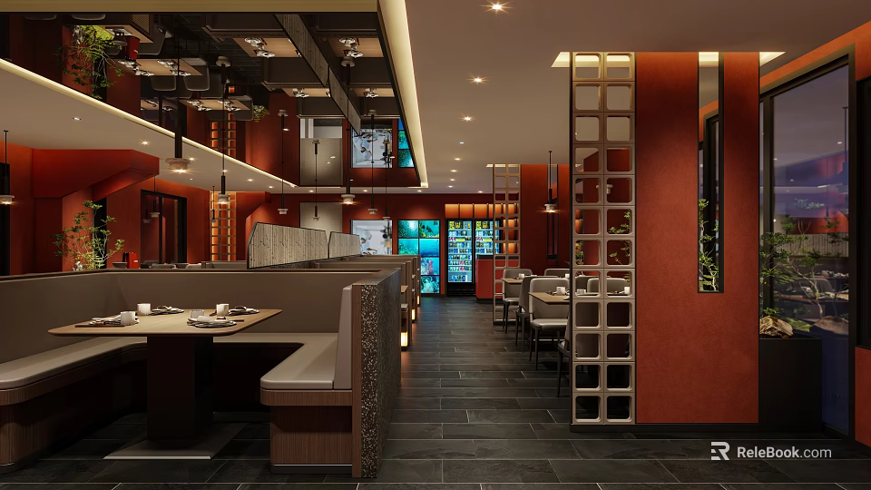 Warm Orange Wall Restaurant Interior With Booth Seating Lighting Fixtures And Dark Flooring 3d model 