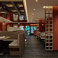 Warm Orange Wall Restaurant Interior With Booth Seating Lighting Fixtures And Dark Flooring
