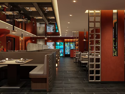 Warm Orange Wall Restaurant Interior With Booth Seating Lighting Fixtures And Dark Flooring 3d model