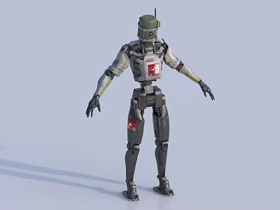Smart Robot With Green Helmet Gray And Green Mechanical Arms Red Logo On Chest 3d model